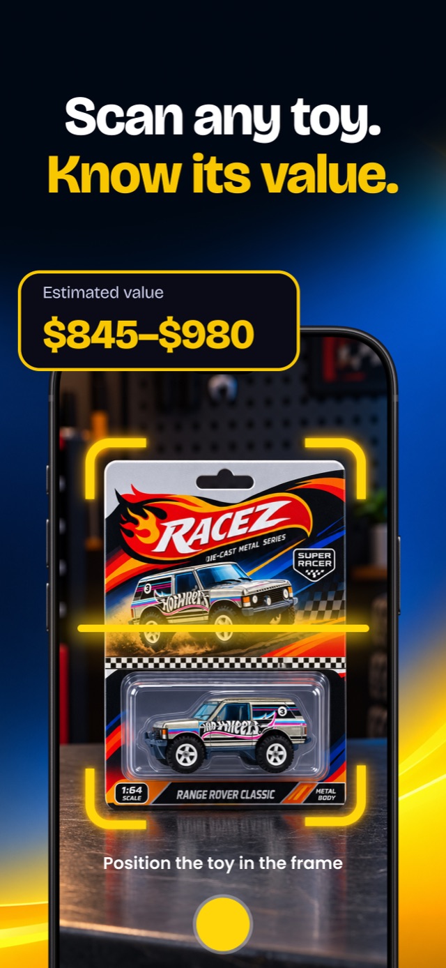 Toydex scanning a boxed die-cast car and showing an estimated value of $845 to $980